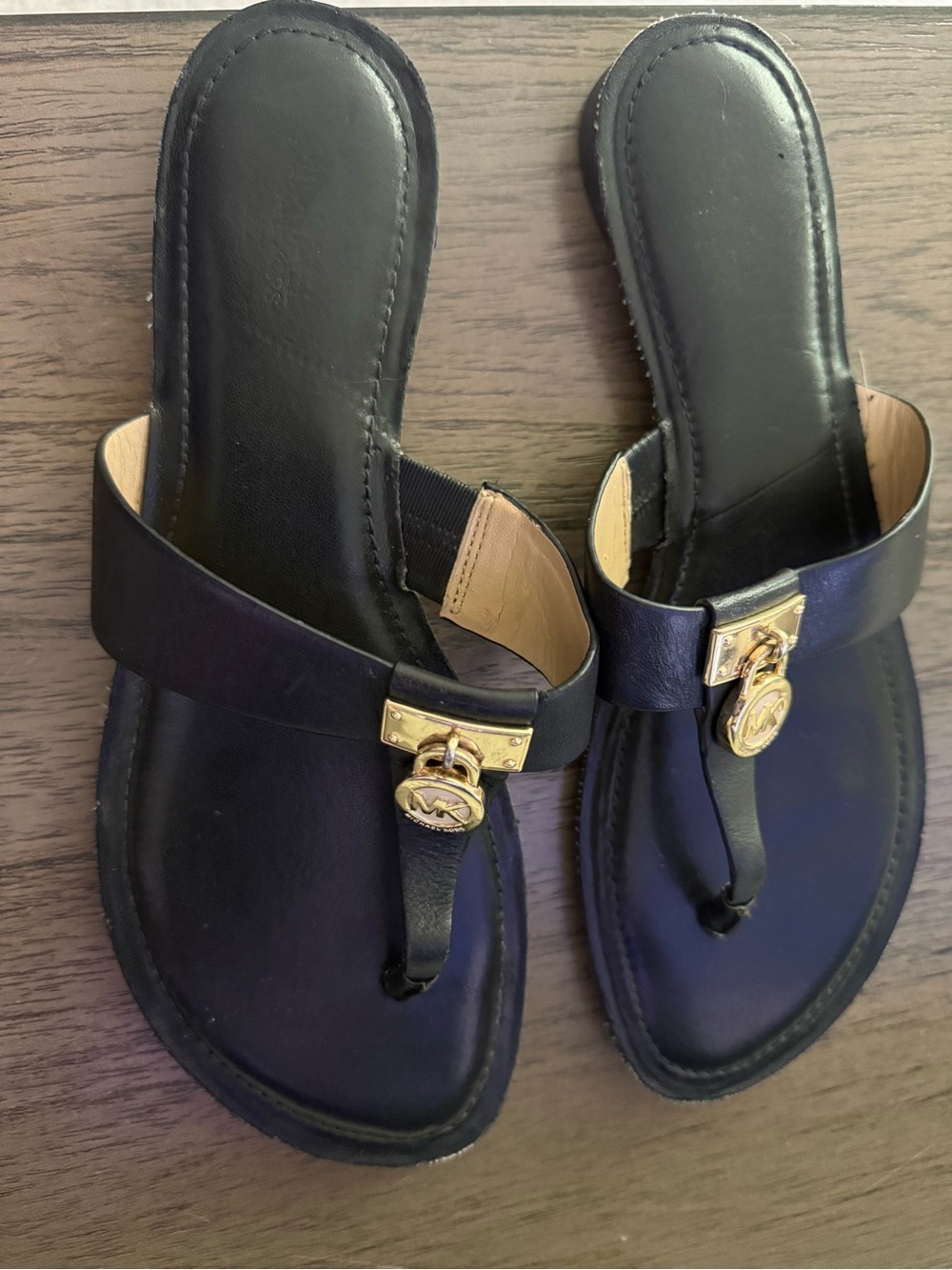 Michael Kors Black Leather Thong Sandals with Gold Logo Hardware
